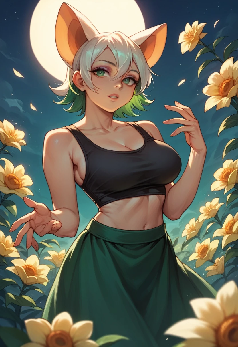 realistic, 1girl, Fubuki, green hair, green eyes, big round breasts, pure white skin, shining eyes, dark green crop top, dark green skirt, parted lips, rouge, night, flowers, sun, sunshine