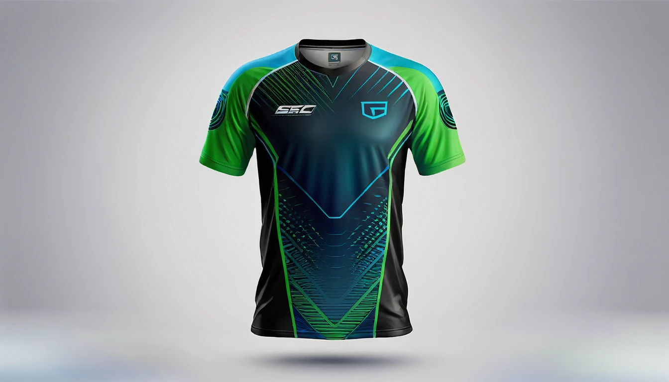 a blue and green jersey with a futuristic design, racing, e-sport style, no jersey, sport clothing, wearing a volleyball jersey, sports clothing, black jersey, shirt design, t shirt design, e-sports logo vector, esports, realistic clothing, tshirt design, t - shirt design, t-shirt design, gaming, professional sports style, sport t-shirt