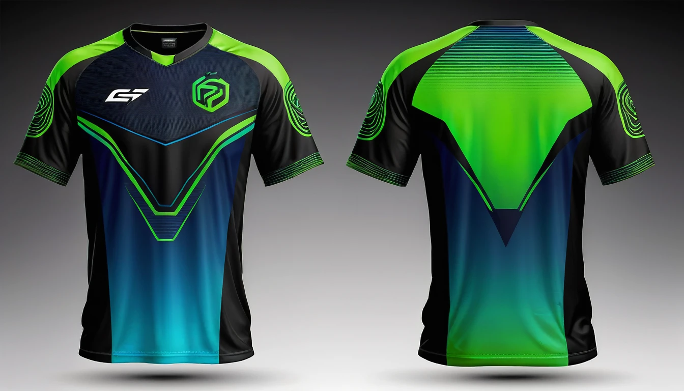 a blue and green jersey with a futuristic design, racing, e-sport style, no jersey, sport clothing, wearing a volleyball jersey, sports clothing, black jersey, shirt design, t shirt design, e-sports logo vector, esports, realistic clothing, tshirt design, t - shirt design, t-shirt design, gaming, professional sports style, sport t-shirt