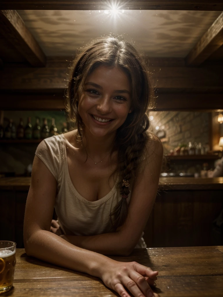 Pub scene in natural colors: cozy space, soft lighting casting delicate shadows. A happy European pretty woman sits in the center, her messy French braid cascading down one side of her face. Her bright and contagious laugh radiates as she directly addresses the viewer. There's a glass of cold beer next to her.