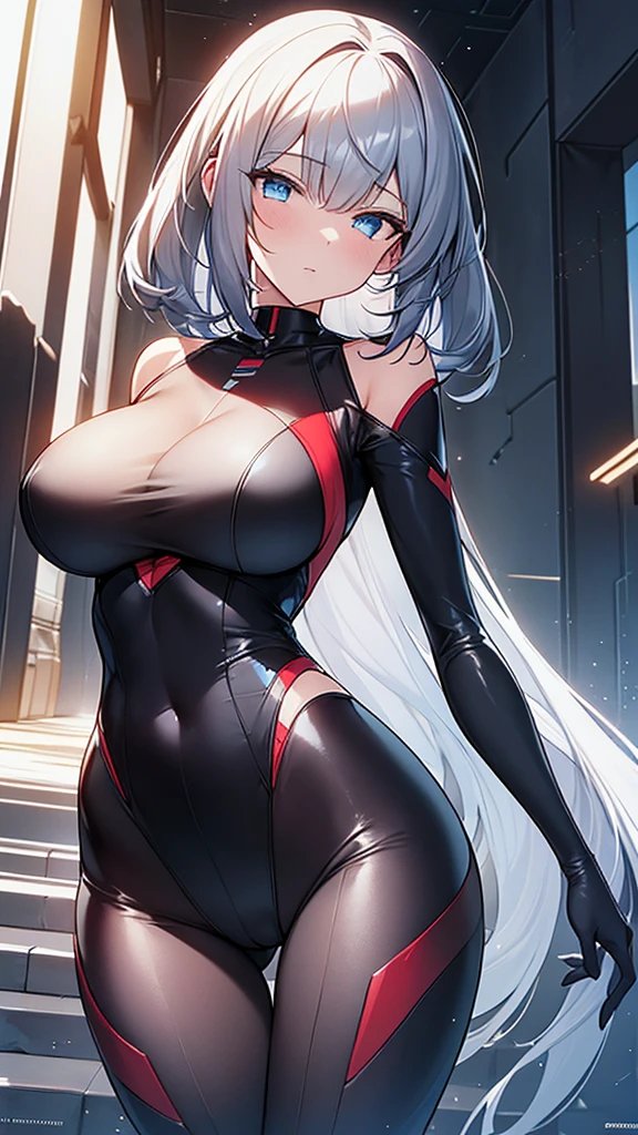 (Highly detailed CG Unity 32k wallpaper,masterpiece, Biological, whole body),(Best lighting, Best Shadow, Very delicate and beautiful),(One girl),blue eyes, Big Breasts,Bouncing chest, Black Hair,Bobcut,Red and black and White off-the-shoulder revealing high-cut SF bodysuit,One-piece swimsuit-style clothing,Clothes that emphasize the chest,Neck Seal,High-tech sci-fi corridor, Dynamic pose, Detailed Machinery, Sleek design.,My crotch is wet, {{An extraterrestrial lifeform preys on girls and takes their place、Her breasts are bigger than a real girl's、Suitable for the mother、I'm having intense vaginal sex with a man}}, Unknown sensation, Feels good, Vigorous movement, more, instinct, Female fall, Bouncing chest, loose, loose, Next to a real girl skeleton, ((((Intense vaginal sex with a man:1.5)))), NSFW