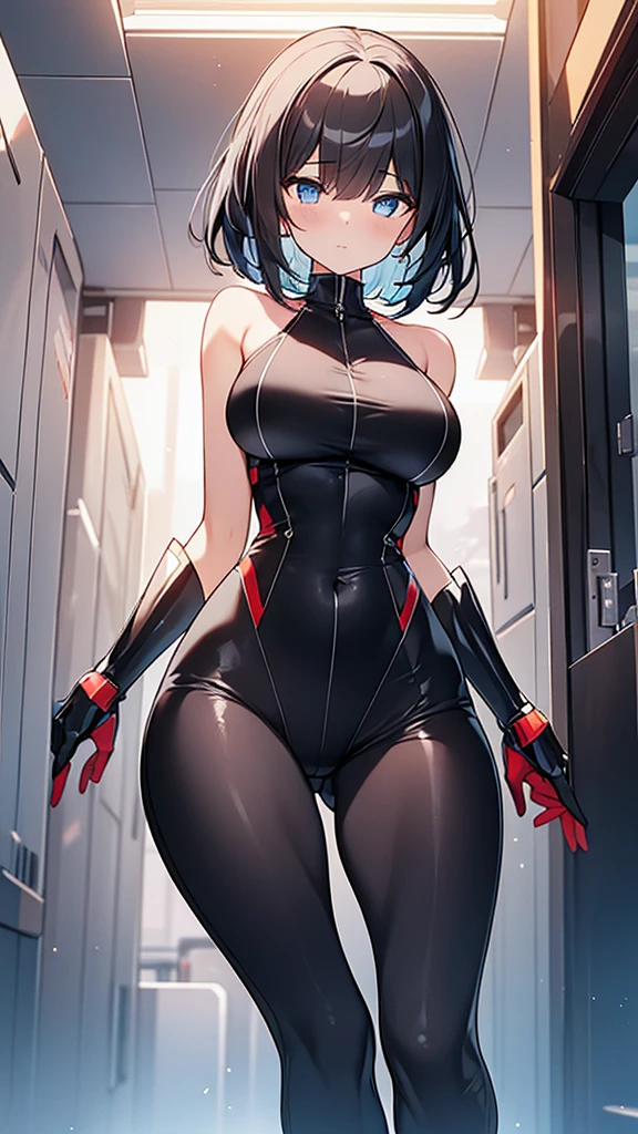 (Highly detailed CG Unity 32k wallpaper,masterpiece, Biological, whole body),(Best lighting, Best Shadow, Very delicate and beautiful),(One girl),blue eyes, Big Breasts,Bouncing chest, Black Hair,Bobcut,Red and black and White off-the-shoulder revealing high-cut SF bodysuit,One-piece swimsuit-style clothing,Clothes that emphasize the chest,Neck Seal,High-tech sci-fi corridor, Dynamic pose, Detailed Machinery, Sleek design.,My crotch is wet, {{An extraterrestrial lifeform preys on girls and takes their place、Her breasts are bigger than a real girl's、Suitable for the mother、I'm having intense vaginal sex with a man}}, Unknown sensation, Feels good, Vigorous movement, more, instinct, Female fall, Bouncing chest, loose, loose, Next to a real girl skeleton, ((((Intense vaginal sex with a man:1.5)))), NSFW