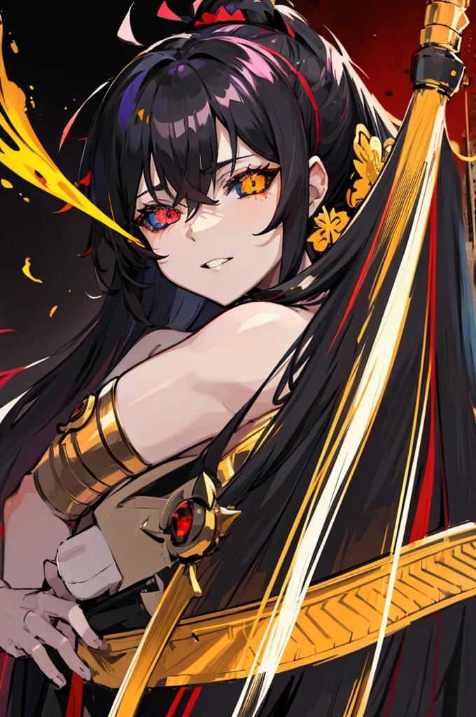 Female, Anime, Heterochromia, Melinoë from Hades II, black long hair, ponytail, greek style toga, "red eye on black sclera", small bust size, "yellow eye on white sclera",