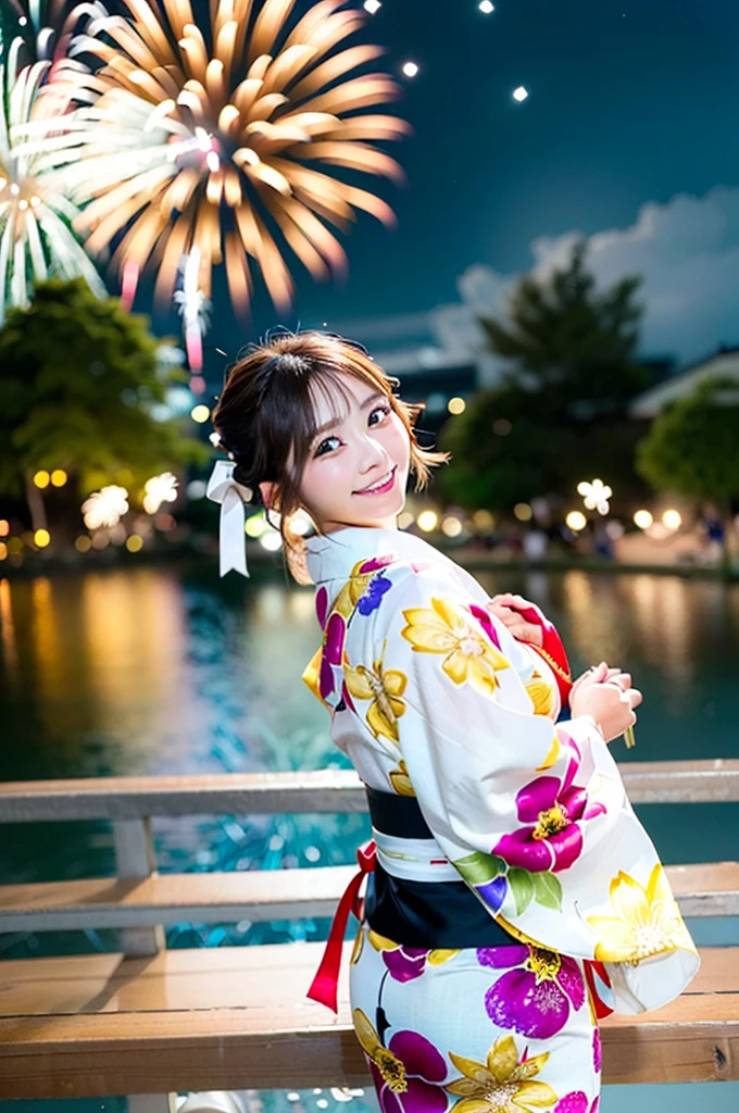 ((Highest quality, 8K, masterpiece: 1.3)),RAW Photos,Realistic atmosphere,Lens flare, Ray Tracing,(Detailed beautiful white skin:1.3),Beautiful Japanese, High-resolution face,Bun Hair,Red and gold hair ornament,(Watching the fireworks wearing a floral yukata:1.2),Huge fireworks,(White yukata with sleeves:1.2),((Ribbon-type obi:1.3)),((Looking back with an innocent smile:1.3)),Blurred grand fireworks,(Many colorful fireworks:1.2)Star Mine,Fireworks across the sky,Large fireworks,Huge fireworks
