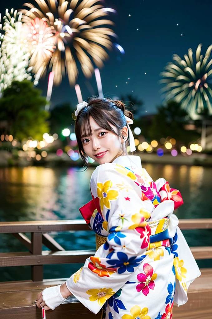 ((Highest quality, 8K, masterpiece: 1.3)),RAW Photos,Realistic atmosphere,Lens flare, Ray Tracing,(Detailed beautiful white skin:1.3),Beautiful Japanese, High-resolution face,Bun Hair,Red and gold hair ornament,(Watching the fireworks wearing a floral yukata:1.2),Huge fireworks,(White yukata with sleeves:1.2),((Ribbon-type obi:1.3)),((Looking back with an innocent smile:1.3)),Blurred grand fireworks,(Many colorful fireworks:1.2)Star Mine,Fireworks across the sky,Large fireworks,Huge fireworks