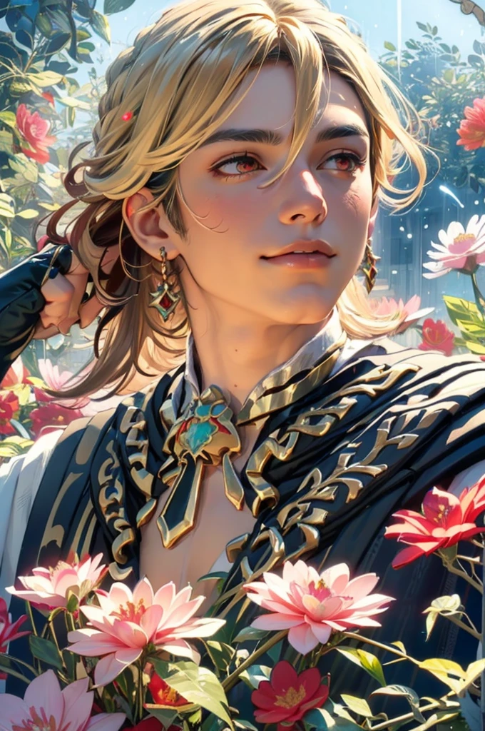 1 adult male solo, blond hair, red eyes, kaveh genshin impact, white top, red and black embroidered details, golden accessories, dark pants, fingerless gloves, feather hair ornament, shiny eyes (masterpiece),((top-quality)),(offcial art),(Beautiful and indulgent:1.2),(1manin:1.3),Detailed drawing。Vibrant colors。colourfull、highestdetailed ((ultra-detailliert)),(Highly detailed 2D illustrations),((Extremely delicate and beautiful))Super Detail,atmosphric perspective,dust particle, iridescent light, water drops on flowers and plants, light summer rain, rainbow light, glowing, surrounded by dark red lily flowers, (((portrait face closeup, soft calm smile, flowers in his hair)))