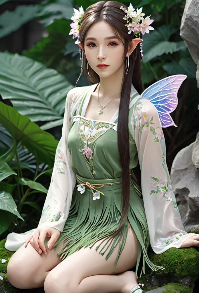 beautiful Japanese elf, (elf ears)perfect and angelic face, long hair, (decorated with flowers) fringe, full body, holding a fan, wearing a beautiful short tight dress made of leaves,she's gracefully sitting on stone surrounded by sparkling flowers (high quality),(refined details)