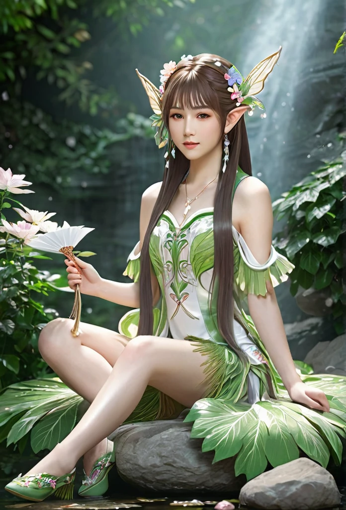 beautiful Japanese elf, (elf ears)perfect and angelic face, long hair, (decorated with flowers) fringe, full body, holding a fan, wearing a beautiful short tight dress made of leaves,she's gracefully sitting on stone surrounded by sparkling flowers (high quality),(refined details)