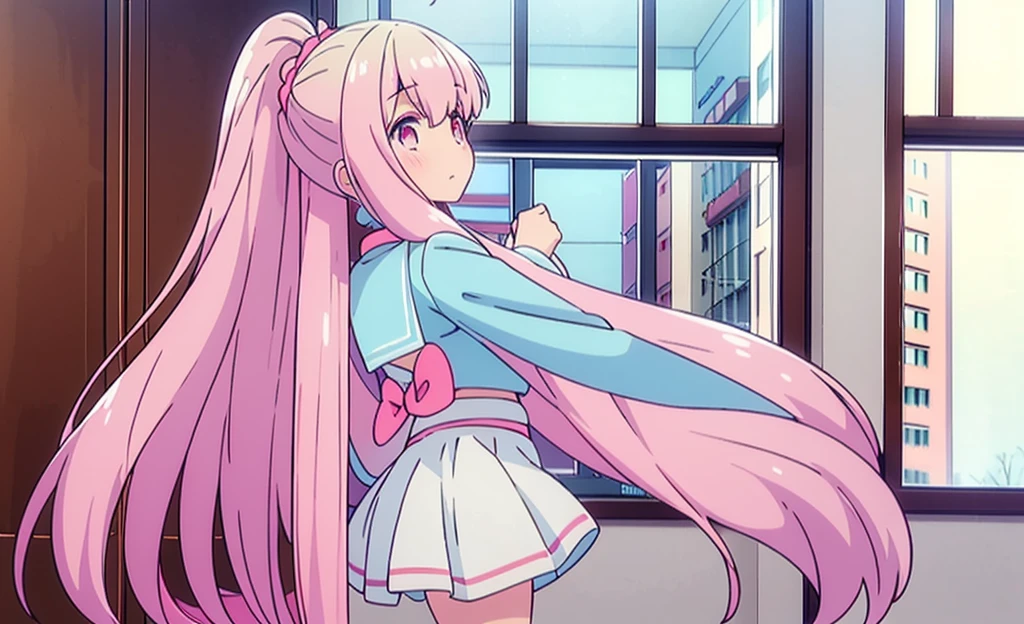 long light blue fur,deep red pink eyes,Hair up with two pink scrunchies.,Short double ponytail,Qi bangs,There are two long hair curtains on both sides.,Wearing a white sailor uniform.,Short skirt,Raise your bangs with hairpins,The sleeves are long,Fresh environment,warm color palette,The eyes have God.,to emphasize,Masterpiece,rubor rubor cuerpo completo Short skirt tableada medias largas blancas