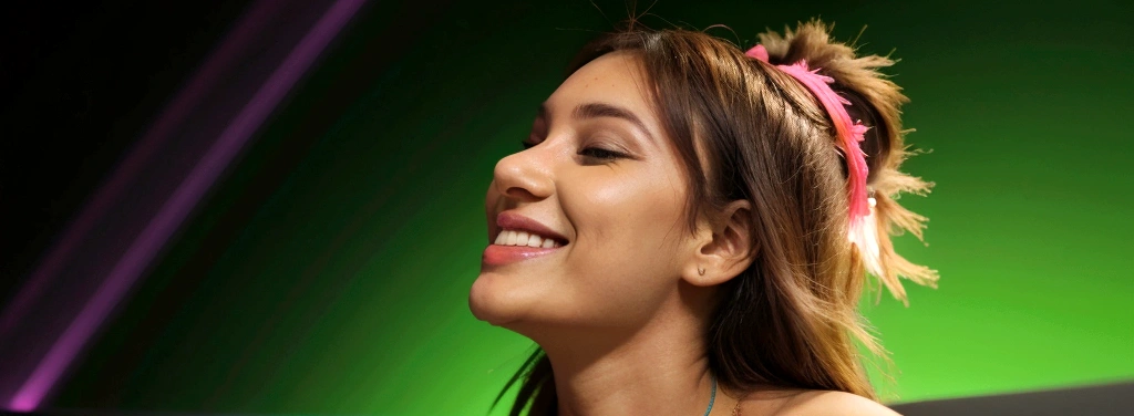 Create a happy woman celebrating that I win some money in a betting game neon green background , profile photo 1024px