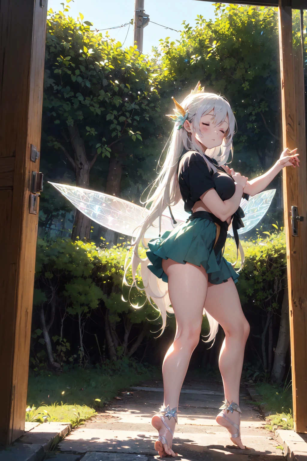 deep forest, (mysterious girl, white long hair:1.4), (dancing big vegitables fairy with foot:1.5), detailed face, closed eyes, kitchin, full body, panorama view, magnificent view, absurdres, 8k, detailed plants