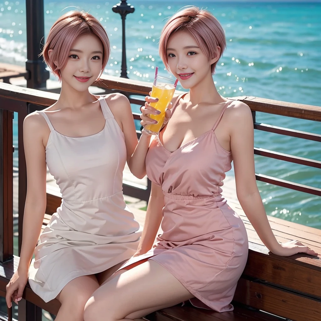 high-definition,Clarity,A beautiful girl with short pink hair,Leaning on the railing by the sea and enjoying the sea breeze,Holding a drink in hand,With a natural smile