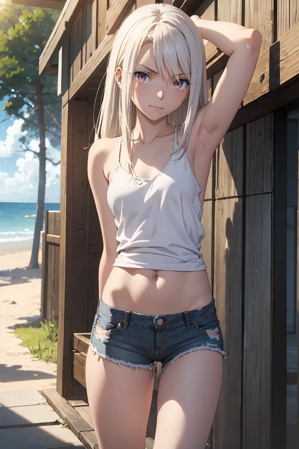 {{Red colored eyes}}++ Browsing Caution (Highest quality:1.5, High resolution, 超High resolution, 4K, Detailed lighting, Shaders)(masterpiece:1.2), Very detailed, Illyasviel von Einzbern {{Red colored eyes}}++ alone, Cowboy Shot,Long Hair, Gray Hair, Red eyes, A small white tank top Denim shorts M-shaped foot sneer Beautiful beach Realistic sun rays topless Completely naked Roll up your shirt Sweat Outdoor
