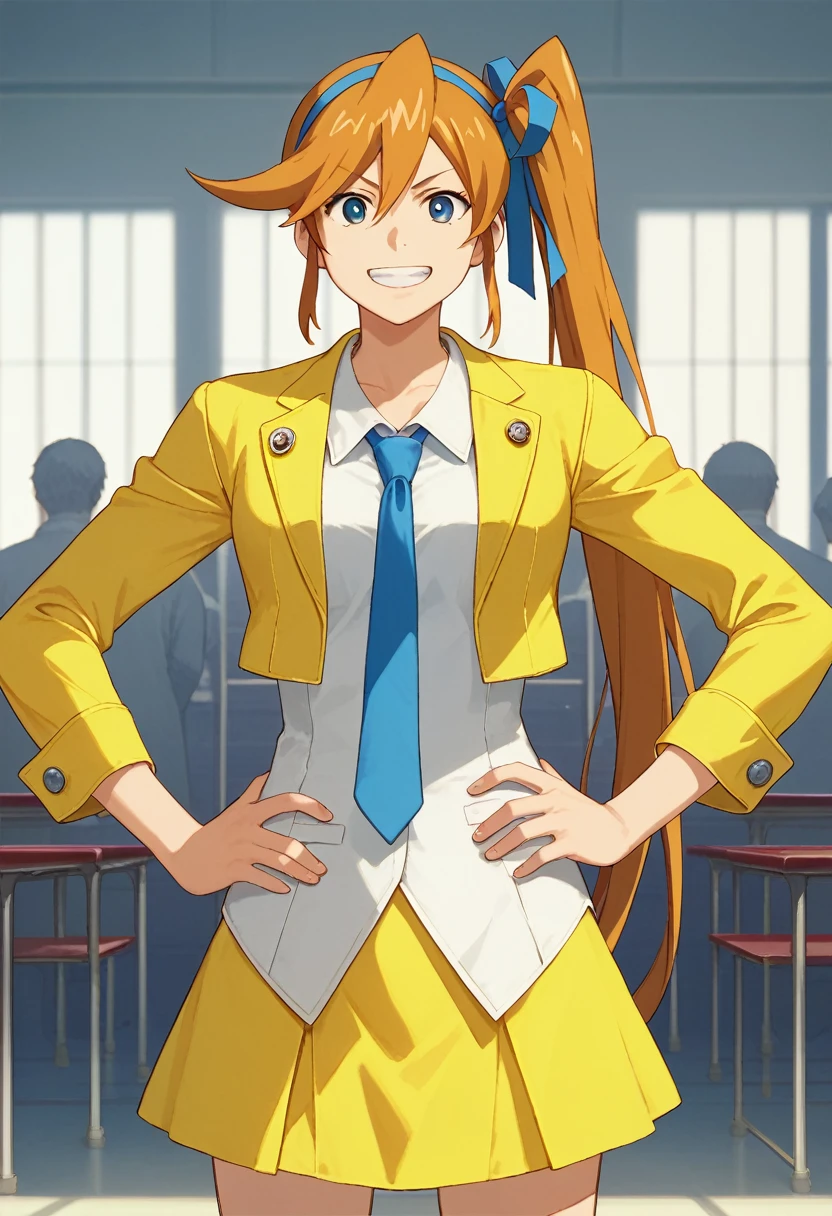 score_9, score_8, score_7, sauce_anime,
anime, Official Art,
evaluation_general,
Archikes, Hair Ribbon, Side Ponytail,
tie, No shirt、Yellow Jacket, Yellow Skirt,One girl with her breasts fully exposed, alone, Podium, Hands on hips, Grin, Podium, judge, Court、