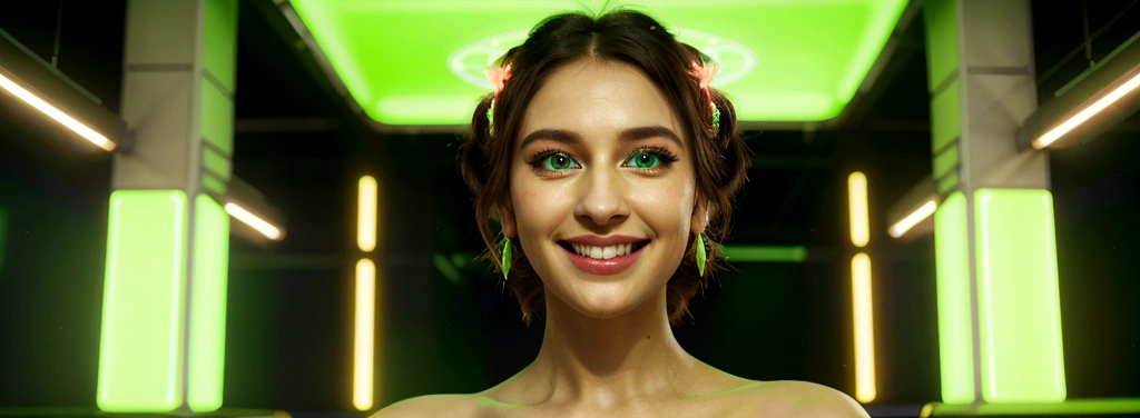 A happy woman celebrating winning money in a neon green background, detailed face, beautiful eyes, detailed lips, long eyelashes, elegant dress, joyful expression, wide smile, dynamic pose, colorful neon lights, glowing atmosphere, photorealistic, unreal engine, 8k, best quality, highly detailed