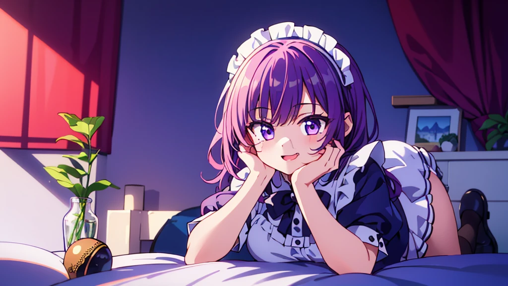 1girl, purple hair, purple eyes, nice hands, perfect hands, light smile, wearing maid costume, high res, ultrasharp, 8K, masterpiece, looking at viewer, delicate poses, light pink cute background, bedroom background, ,indoors, sitting in bed, confident, ultra detailed, best quality, beautiful,lovestruck expression, high detail textures, high detail eyes, bright colors,landscape,insanely detailed, absurdres, ultra-highres, ultra-detailed, best quality, nice hands, ultra detailed eyes, ultra detailed hair, ultra cute, ultra beautiful, full body shot