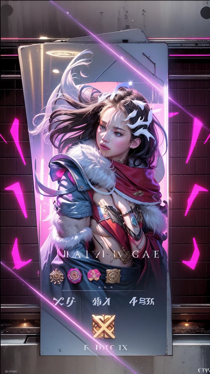 1girl, waist up, art by Ian Davenport,art by Cecily Brown,  concept art, Portait of a Moody [shu qi:Jennifer Lawrence:5], wearing Eclectic Fur Fringe top, Ruff, Anklet, Makeup, Cosy, loop lighting, 80mm, official art, unity 8k wallpaper, ultra detailed, aesthetic, masterpiece, best quality, photorealistic