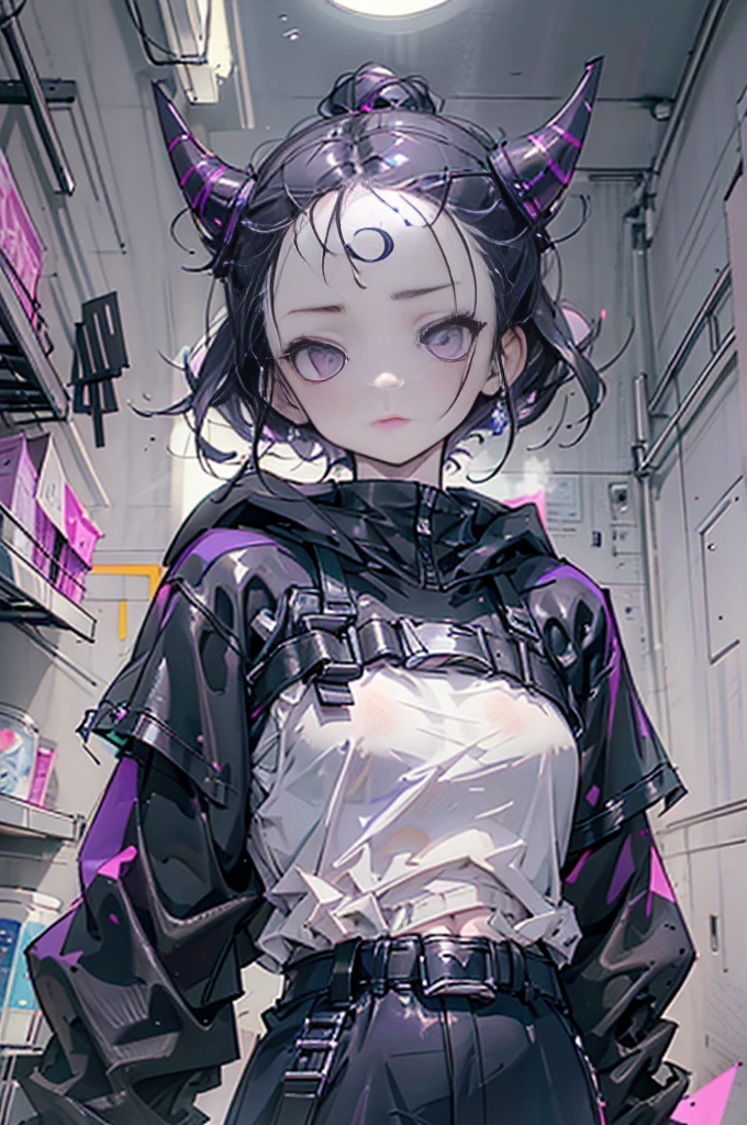 boy. thoughtful look. open forehead. black and purple hair tied in a bun on the left side to one side. sinuous black horns wrapped in dark purple ribbon. pale violet eyes. in short dark purple shorts. long white T-shirt. dark purple knee-high socks. dark purple long cloak with hood. view from the 100th floor of a cozy room in shades of gray, moon, starry sky. saturation RGB 100%