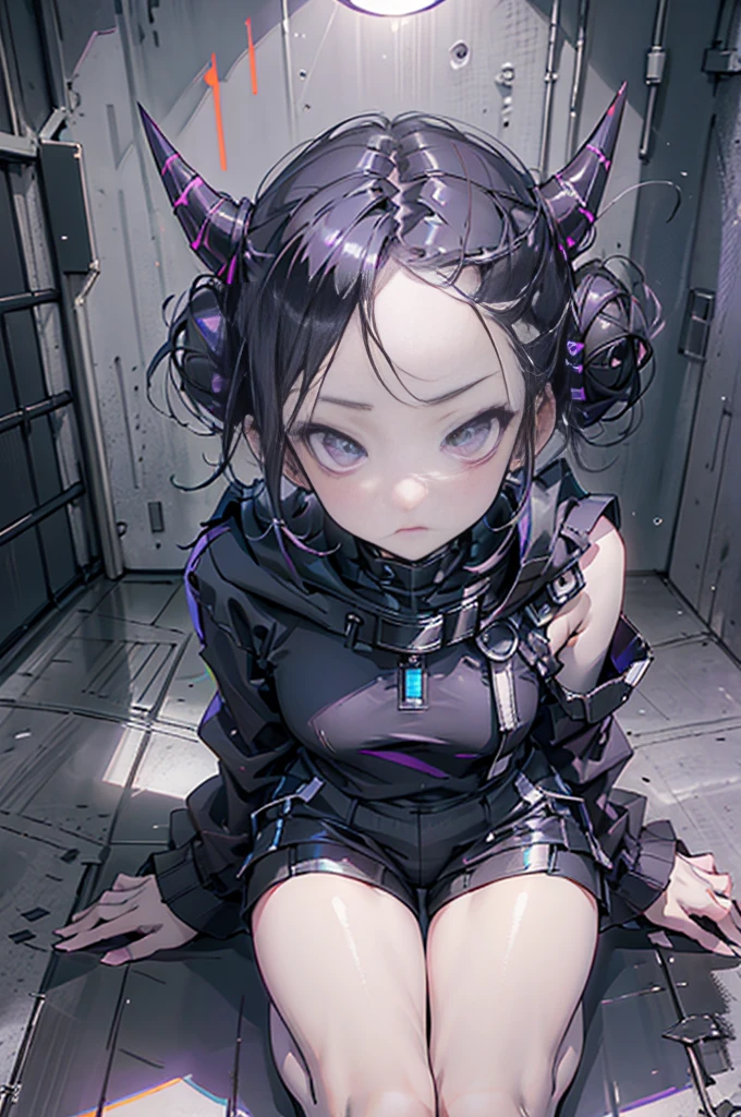 boy. thoughtful look. open forehead. black and purple hair tied in a bun on the left side to one side. sinuous black horns wrapped in dark purple ribbon. pale violet eyes. in short dark purple shorts. long white T-shirt. dark purple knee-high socks. dark purple long cloak with hood. view from the 100th floor of a cozy room in shades of gray, moon, starry sky. saturation RGB 100%