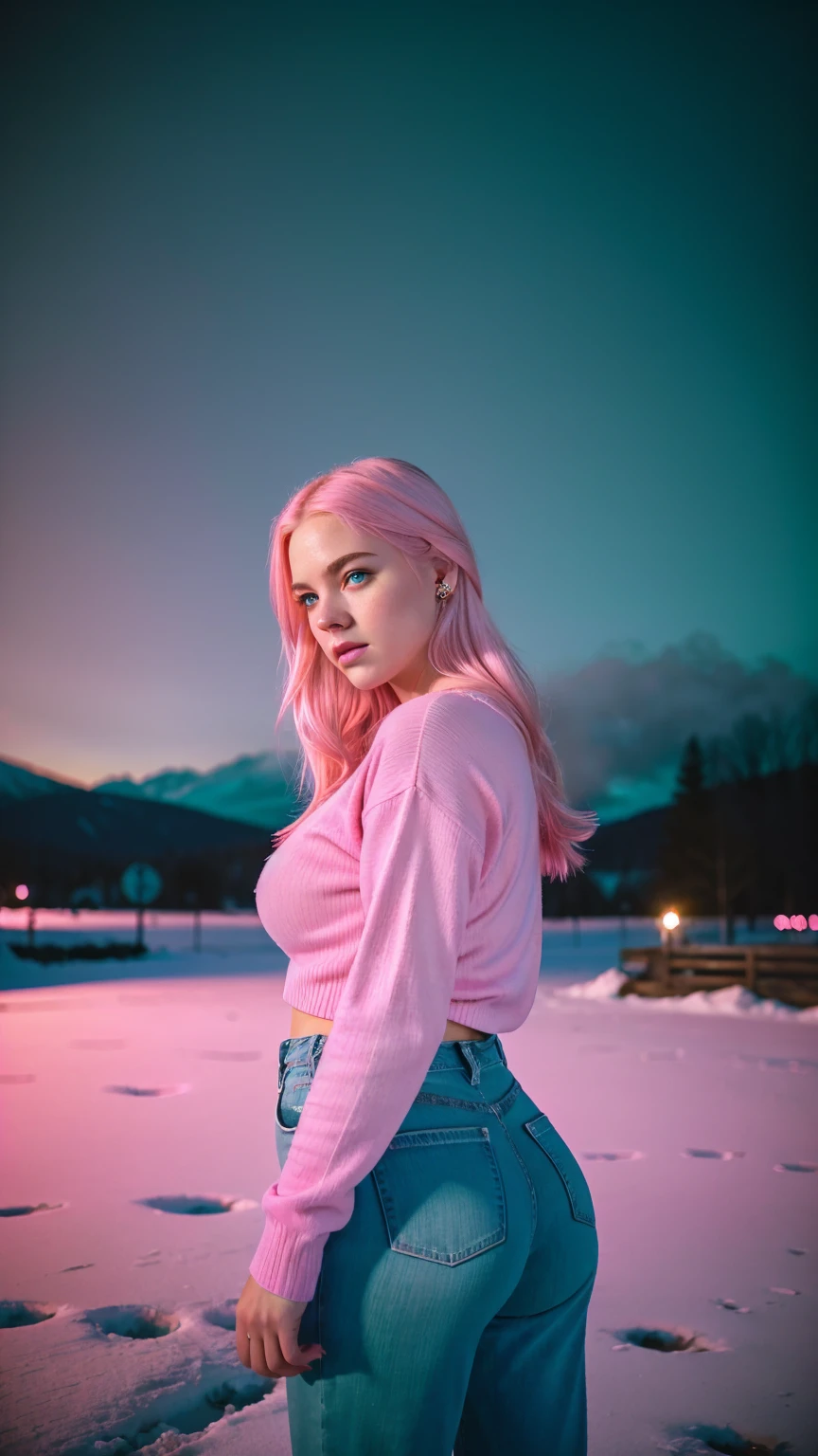 Analog photography featuring a melancholic American adult model (Ivy Snow) amidst the shadows of a dimlit mountain at night, blonde curvy-girl (18yo, Smokey eyes, very pale skin(PORCELAIN SKIN), large breasts, tightened thighs, huge ass, Chubby blonde-girl)-Bold pink-lips, Pout face expression. Her bright blue-eyes(piercing through the darkness). 

Ivy Snow relaxes at home in a cozy oversized sweater paired with distressed boyfriend jeans, capturing a comfortable yet stylish everyday look.

 Standing all in CANDID poses, with her hands holding a plastic-bag. The photograph captures the cold and foggy of the night(with its Sad atmosphere and the sense that something oppressive is about to unfold). A subtle haze and a soft focus on the background enhance the quality of the image, (backlighting), Horror movie effects, The natural light casts long shadows, accentuating the desaturated colors and oppressive & frost atmosphere of this vintage-photography-style image. A 70mm grainy film captures the scene, with a bokeh effect softening the focus, -enhancing the overall composition.(((in a pink/teal colors palette theme))), Dutch Angle/Tilt: The camera is tilted to create a sense of disorientation or artistic tension. (((in a NEON pink/INDIGO colors palette theme))) 