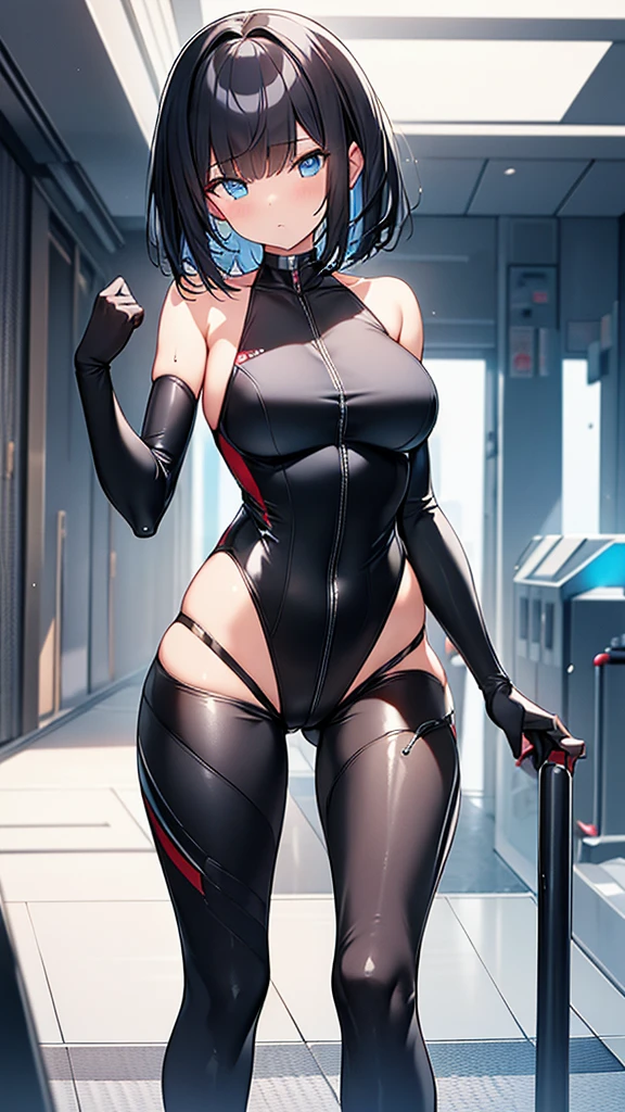 (Highly detailed CG Unity 32k wallpaper,masterpiece, Biological, whole body),(Best lighting, Best Shadow, Very delicate and beautiful),(One girl),blue eyes, Big Breasts,バウンドする胸, Black Hair,Bobcut,Red and black and White off-the-shoulder revealing high-cut SF bodysuit,One-piece swimsuit-style clothing,Clothes that emphasize the chest,Neck Seal,High-tech sci-fi corridor, Dynamic pose, Detailed Machinery, Sleek design.,My crotch is wet, {{An extraterrestrial lifeform preys on girls and takes their place、Her breasts are bigger than a real girl&#39;s、Suitable for the mother}}, Unknown sensation, Feels good, Vigorous movement, more, instinct, Female fall, Bouncing chest, loose, loose, Next to a real girl skeleton, NSFW