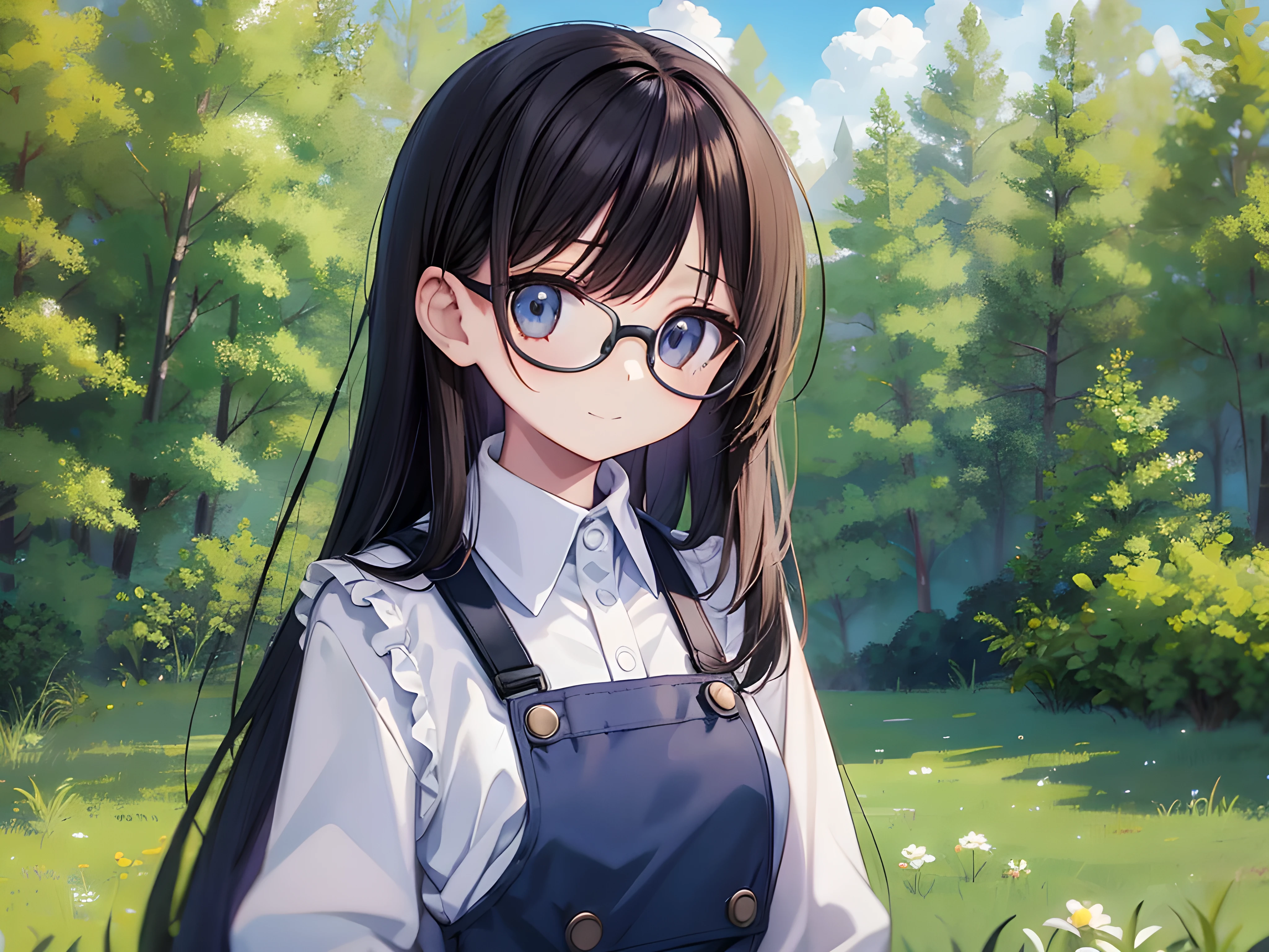 score_9, score_8_up, score_7_up, score_6_up,
masterpiece, (best quality, high quality:1.4), highres, source_anime, uncensored,rating_safe,
insanely detailed, absurdres,
perfect composition, perfect anatomy, cinematic shading

BREAK
(delicate illustration, manga:1.1), 1girl, (tall:1.1), standing, semi-rimless eyewear, pinafore,
long hair, (straight hair, hime cut:1.1), long sidelocks, dark hair,
light smile, pale green detailed eyes, round eyes,
upper body, outdoors, (blue sky:1.2), grass, forest