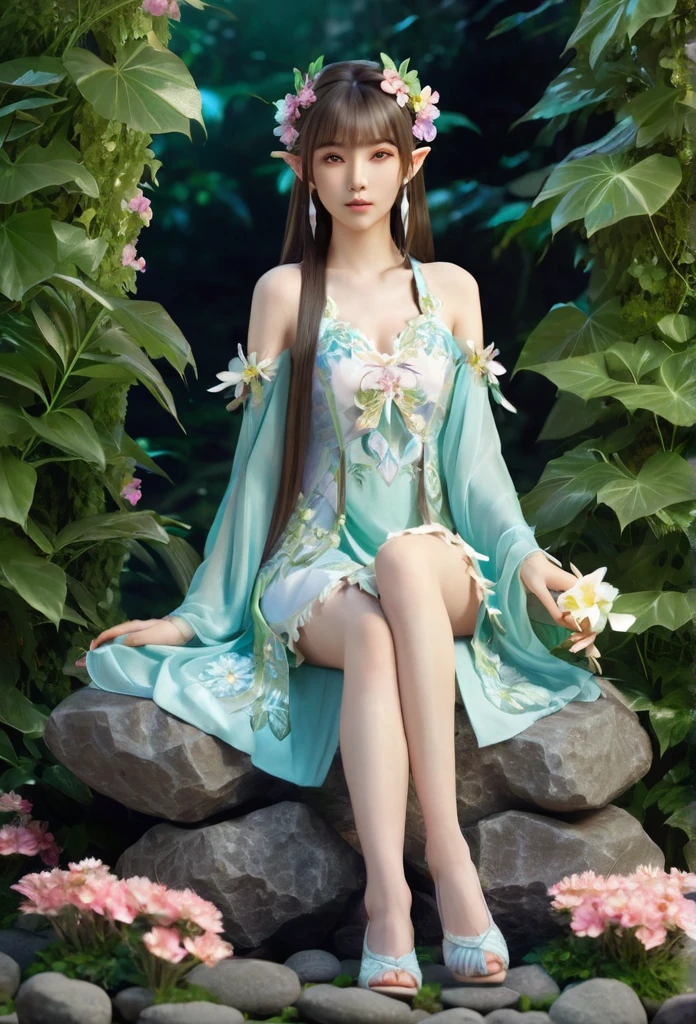 beautiful Japanese elf, (elf ears)perfect and angelic face, long hair, (decorated with flowers) fringe, full body, holding a fan, wearing a beautiful short tight dress made of leaves,she's gracefully sitting on stone surrounded by sparkling flowers (high quality),(refined details)