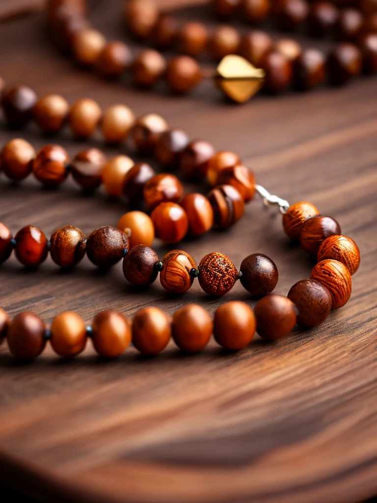 a prayer beads cord of brown beads with metallic medal carved with a tree, on a table, focus in the medal