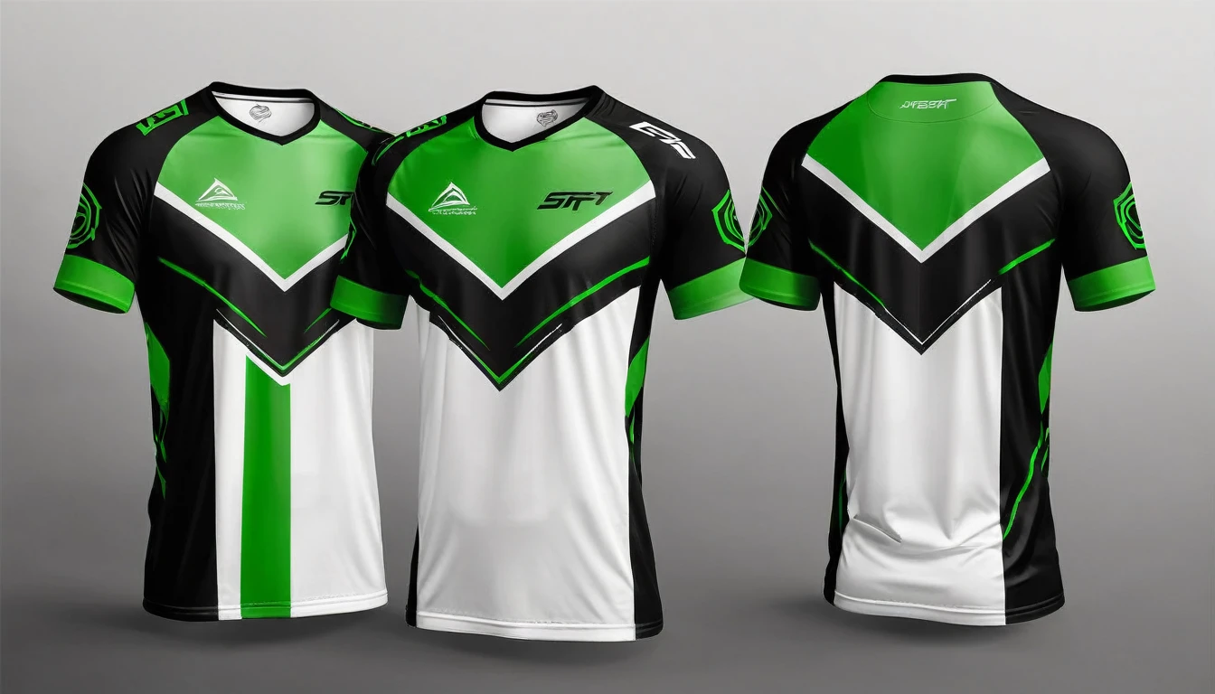 a white and green jersey with a futuristic design, racing, e-sport style, no jersey, sport clothing, wearing a volleyball jersey, sports clothing, black jersey, shirt design, t shirt design, e-sports logo vector, esports, realistic clothing, tshirt design, t - shirt design, t-shirt design, gaming, professional sports style, sport t-shirt