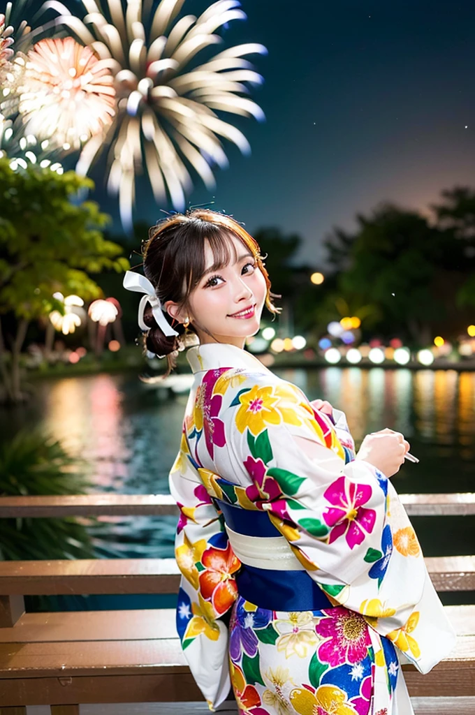 ((Highest quality, 8K, masterpiece: 1.3)),RAW Photos,Realistic atmosphere,Lens flare, Ray Tracing,(Detailed beautiful white skin:1.3),Beautiful Japanese, High-resolution face,Bun Hair,Red and gold hair ornament,(Watching the fireworks wearing a floral yukata:1.2),Huge fireworks,(White yukata with sleeves:1.2),((Ribbon-type obi:1.3)),((Looking back with an innocent smile:1.3)),Blurred grand fireworks,(Many colorful fireworks:1.2)Star Mine,Fireworks across the sky,Large fireworks,Huge fireworks