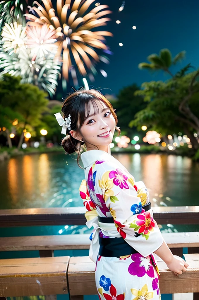 ((Highest quality, 8K, masterpiece: 1.3)),RAW Photos,Realistic atmosphere,Lens flare, Ray Tracing,(Detailed beautiful white skin:1.3),Beautiful Japanese, High-resolution face,Bun Hair,Red and gold hair ornament,(Watching the fireworks wearing a floral yukata:1.2),Huge fireworks,(White yukata with sleeves:1.2),((Ribbon-type obi:1.3)),((Looking back with an innocent smile:1.3)),Blurred grand fireworks,(Many colorful fireworks:1.2)Star Mine,Fireworks across the sky,Large fireworks,Huge fireworks