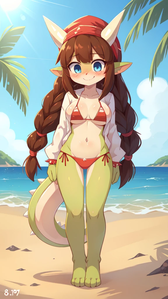 score_9,score_8_up,score_7_up, source_cartoon, source_furry, dragon girl, dragon tail, white dragon horns, brown hair, spiky bangs, long dreadlocks ponytail, dreadlocks side hair, blush, looking at viewer, smile, animal nose, 1girl, pointy ears, furry female, two tone body fur, lime body fur, clear lime body fur, big breasts, ((red headscarf on head, white shirt, open clothes, dark red fringed triangle bikini)), beach, clear sky, blue eyes, blush, shy, navel, femboy, full body, feets with three toes, 3 toes, standing, skinny,