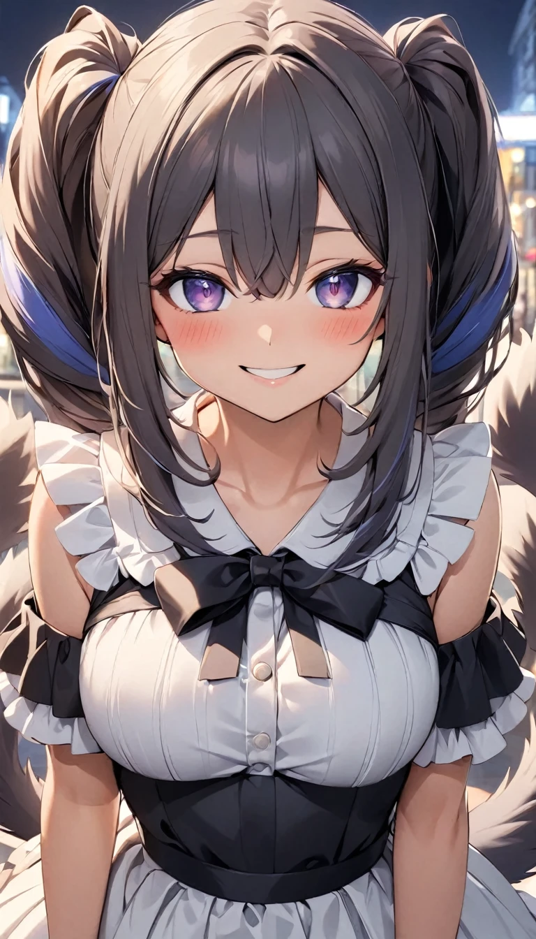 (Double tail), Colored highlighted hair, dark gray long hair,, 1個女孩綁著Double tail, blush, Upper Body, highly detailed eyes, Hiring, clavicle, frilly dress, Smile