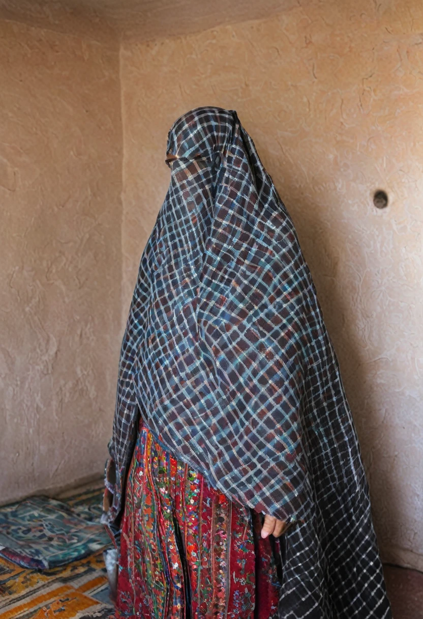 Veiled Kurdish woman in village room 