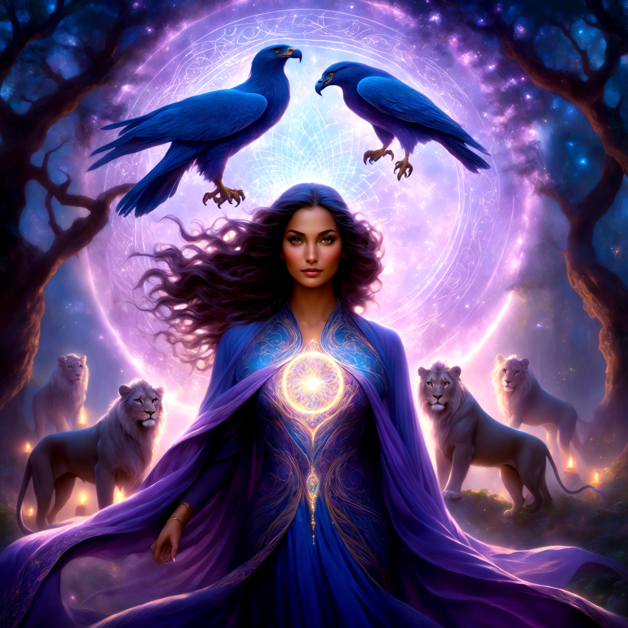 (best quality,4k,highres,masterpiece:1.2),ultra-detailed,(realistic:1.37) A mature curvaceous Malaysian woman with her age at 40, dressed in a hijab that covers all of her hair, is standing in the center of a mystical scene. She is wearing a beautiful silk magic gown that shimmers with an otherworldly glow. The gown flows gracefully around her figure, accentuating her curves and adding an air of elegance to her presence. The woman is a witch, strong and knowledgeable in the mystic arts. She stands confidently with her hands raised, as if channeling her magical powers. Around her, a magic circle adorns the ground with intricate symbols and glowing sigils. The circle is made from a combination of runes and arcana, pulsating with energy in vibrant colors of blues and purples. As the woman continues her summoning, a mythical monster starts to materialize from within the magic circle. The creature is a magnificent being, towering with a majestic presence. Its body is covered in shimmering scales, reflecting the light around it in a mesmerizing display. The creature's form is a combination of various animals, with wings of an eagle, the tail of a serpent, and the head of a lion. The scene is bathed in an ethereal light, reminiscent of moonlight casting an enchanting glow. The soft illumination illuminates the woman's face, revealing a calm and focused expression. Her eyes emit a glimmer of magic, while her lips are curved in determination. The background is an enchanted forest, with towering trees reaching towards the sky. The forest is filled with vibrant foliage, casting shadows and adding layers of depth to the overall composition. The air is filled with an aura of mystery and anticipation, as if the entire world holds its breath in awe of the imminent manifestation. The color palette of the scene is rich and vivid, with deep shades of blues and purples dominating the overall tone. The contrasting warm hues of the woman's gown provide a beautiful balance and creat