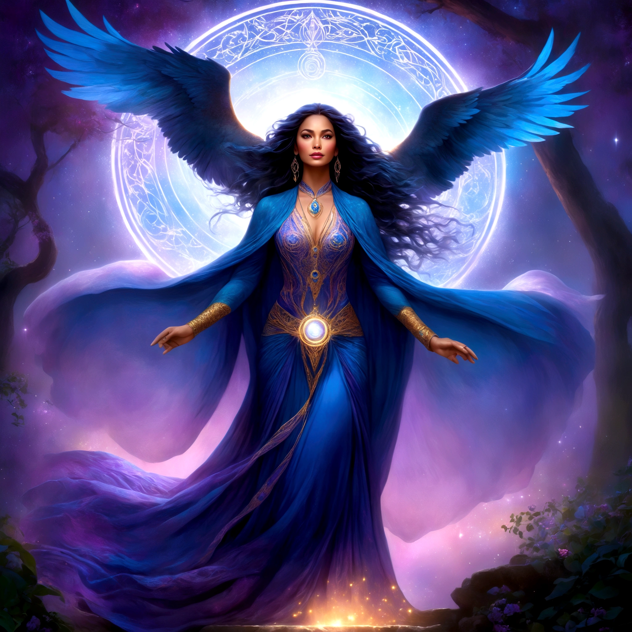 (best quality,4k,highres,masterpiece:1.2),ultra-detailed,(realistic:1.37) A mature curvaceous Malaysian woman with her age at 40, dressed in a hijab that covers all of her hair, is standing in the center of a mystical scene. She is wearing a beautiful silk magic gown that shimmers with an otherworldly glow. The gown flows gracefully around her figure, accentuating her curves and adding an air of elegance to her presence. The woman is a witch, strong and knowledgeable in the mystic arts. She stands confidently with her hands raised, as if channeling her magical powers. Around her, a magic circle adorns the ground with intricate symbols and glowing sigils. The circle is made from a combination of runes and arcana, pulsating with energy in vibrant colors of blues and purples. As the woman continues her summoning, a mythical monster starts to materialize from within the magic circle. The creature is a magnificent being, towering with a majestic presence. Its body is covered in shimmering scales, reflecting the light around it in a mesmerizing display. The creature's form is a combination of various animals, with wings of an eagle, the tail of a serpent, and the head of a lion. The scene is bathed in an ethereal light, reminiscent of moonlight casting an enchanting glow. The soft illumination illuminates the woman's face, revealing a calm and focused expression. Her eyes emit a glimmer of magic, while her lips are curved in determination. The background is an enchanted forest, with towering trees reaching towards the sky. The forest is filled with vibrant foliage, casting shadows and adding layers of depth to the overall composition. The air is filled with an aura of mystery and anticipation, as if the entire world holds its breath in awe of the imminent manifestation. The color palette of the scene is rich and vivid, with deep shades of blues and purples dominating the overall tone. The contrasting warm hues of the woman's gown provide a beautiful balance and creat
