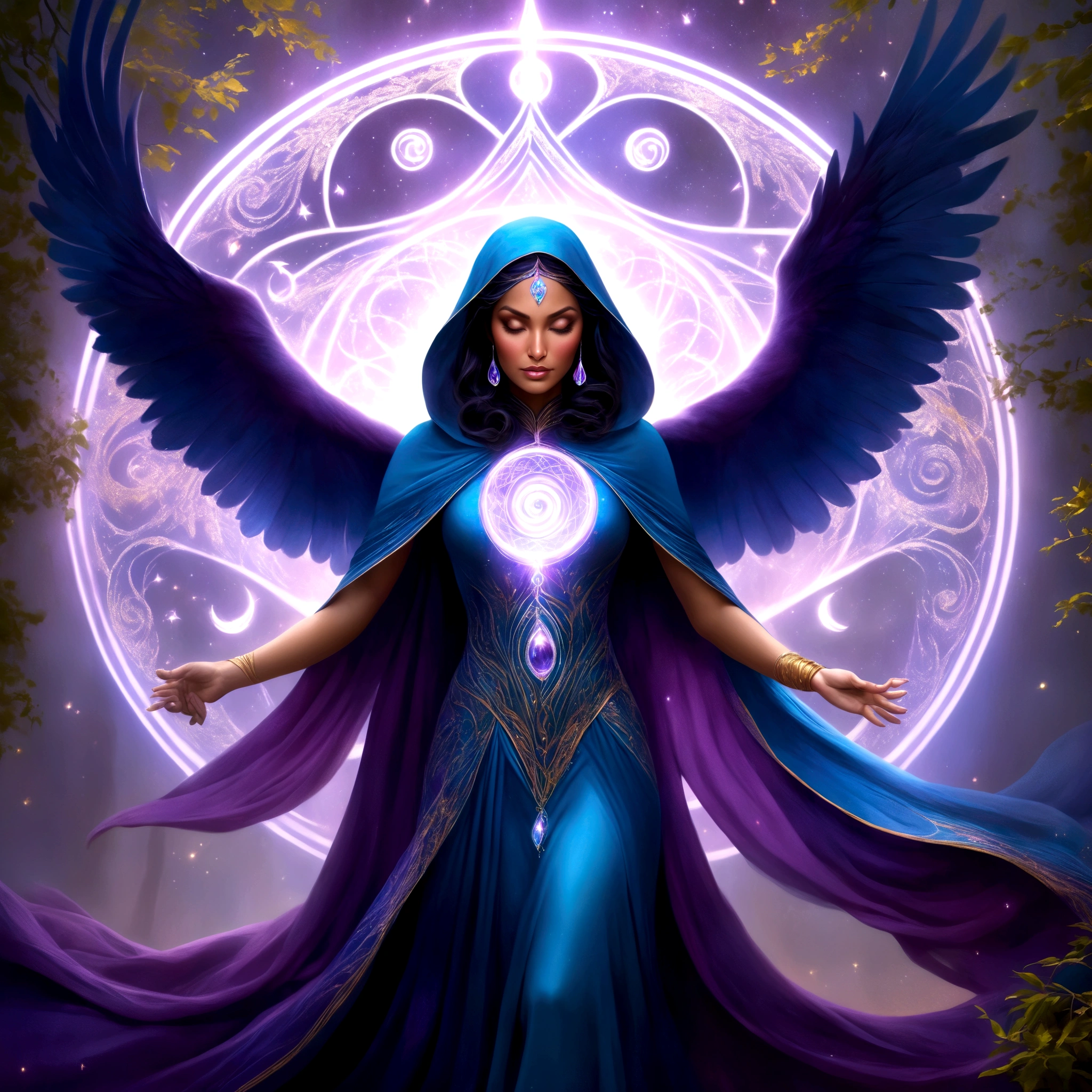 (best quality,4k,highres,masterpiece:1.2),ultra-detailed,(realistic:1.37) A mature curvaceous Malaysian woman with her age at 40, dressed in a hijab that covers all of her hair, is standing in the center of a mystical scene. She is wearing a beautiful silk magic gown that shimmers with an otherworldly glow. The gown flows gracefully around her figure, accentuating her curves and adding an air of elegance to her presence. The woman is a witch, strong and knowledgeable in the mystic arts. She stands confidently with her hands raised, as if channeling her magical powers. Around her, a magic circle adorns the ground with intricate symbols and glowing sigils. The circle is made from a combination of runes and arcana, pulsating with energy in vibrant colors of blues and purples. As the woman continues her summoning, a mythical monster starts to materialize from within the magic circle. The creature is a magnificent being, towering with a majestic presence. Its body is covered in shimmering scales, reflecting the light around it in a mesmerizing display. The creature's form is a combination of various animals, with wings of an eagle, the tail of a serpent, and the head of a lion. The scene is bathed in an ethereal light, reminiscent of moonlight casting an enchanting glow. The soft illumination illuminates the woman's face, revealing a calm and focused expression. Her eyes emit a glimmer of magic, while her lips are curved in determination. The background is an enchanted forest, with towering trees reaching towards the sky. The forest is filled with vibrant foliage, casting shadows and adding layers of depth to the overall composition. The air is filled with an aura of mystery and anticipation, as if the entire world holds its breath in awe of the imminent manifestation. The color palette of the scene is rich and vivid, with deep shades of blues and purples dominating the overall tone. The contrasting warm hues of the woman's gown provide a beautiful balance and creat