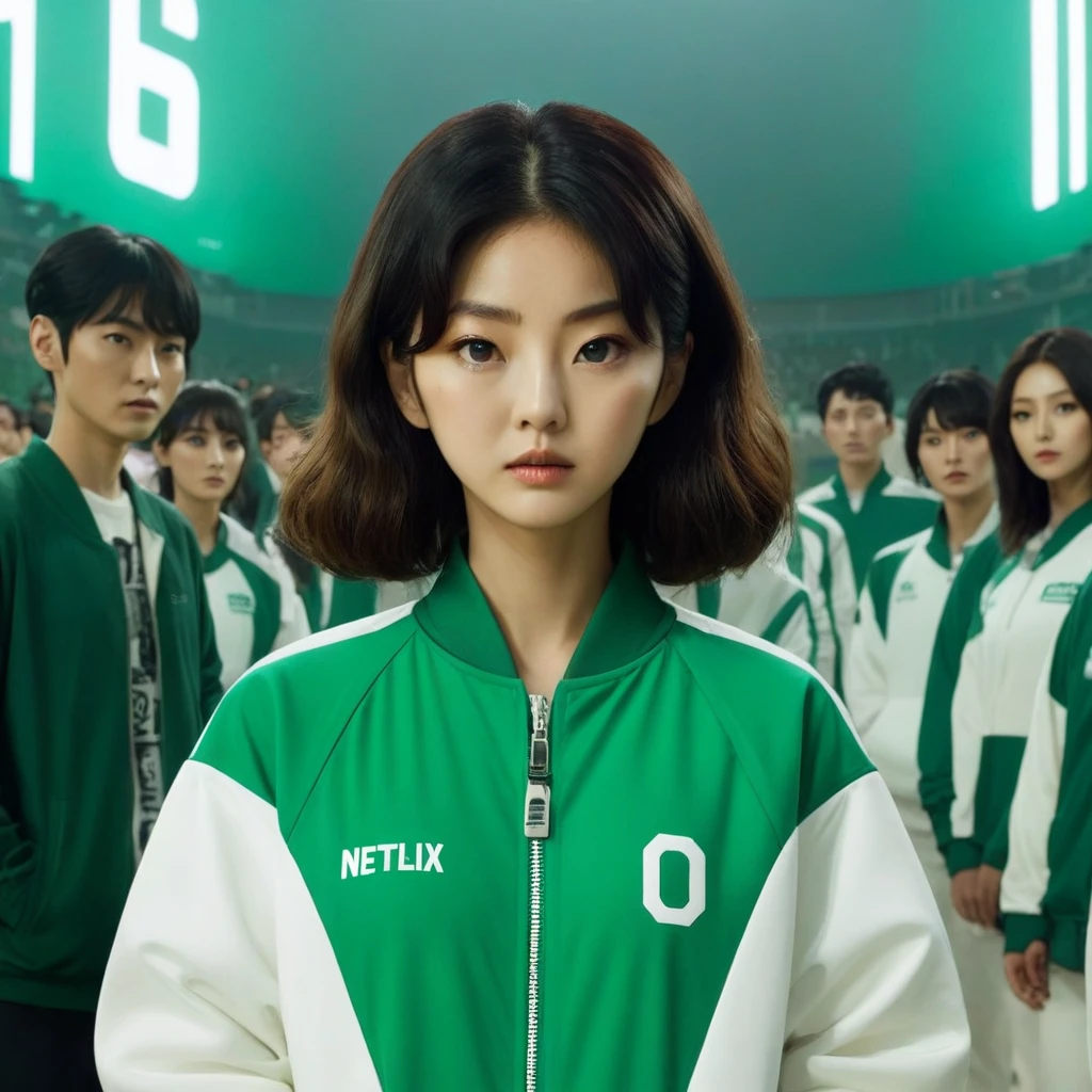 Hoyeon Jung, korean woman, 1 woman wearing green and white jacket, make sure the number (067) on the top left of the jacket, netflix, squid game, Kang Sae-byeok, in a stone arena, front view