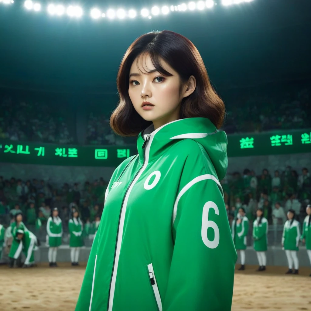 Hoyeon Jung, korean woman, 1 woman wearing green and white jacket, make sure the number (067) on the top left of the jacket, netflix, squid game, Kang Sae-byeok, in a stone arena, front view
