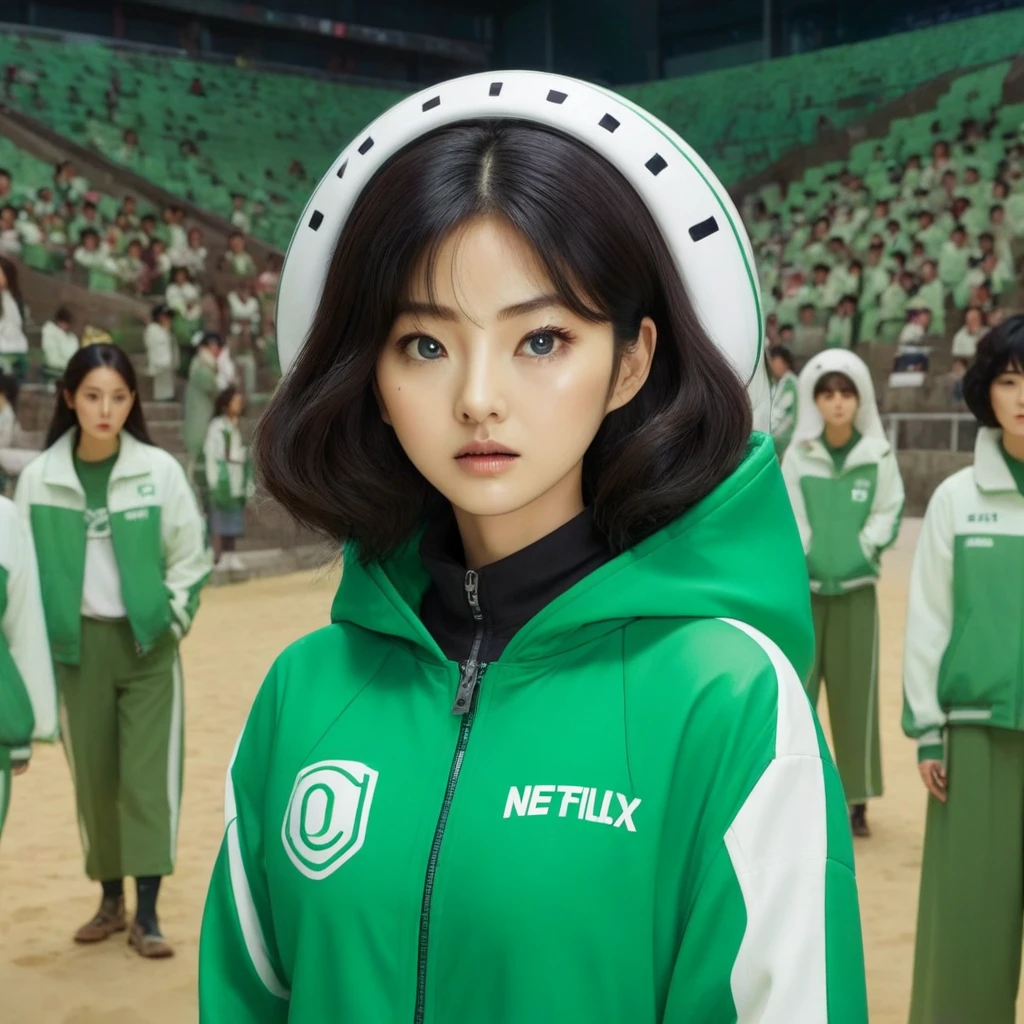 Hoyeon Jung, korean woman, 1 woman wearing green and white jacket, make sure the number (067) on the top left of the jacket, netflix, squid game, Kang Sae-byeok, in a stone arena, front view