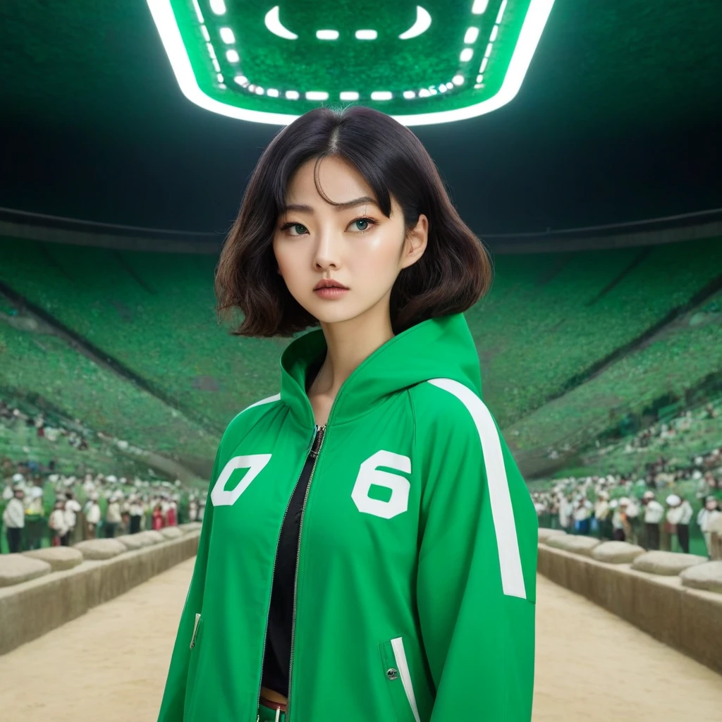 Hoyeon Jung, korean woman, 1 woman wearing green and white jacket, make sure the number (067) on the top left of the jacket, netflix, squid game, Kang Sae-byeok, in a stone arena, front view
