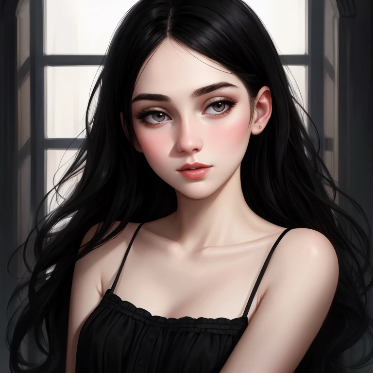 beautiful girl with realistic black eyes, pale skin, mid-length black hair, cum on perfect face, perfect eyes, wearing sheet sundress, highly detailed, comprehensive cinematic, digital painting, 8k, cinematic lighting, best quality, highres, detailed work, post-processing, perfect result, hyper realistic