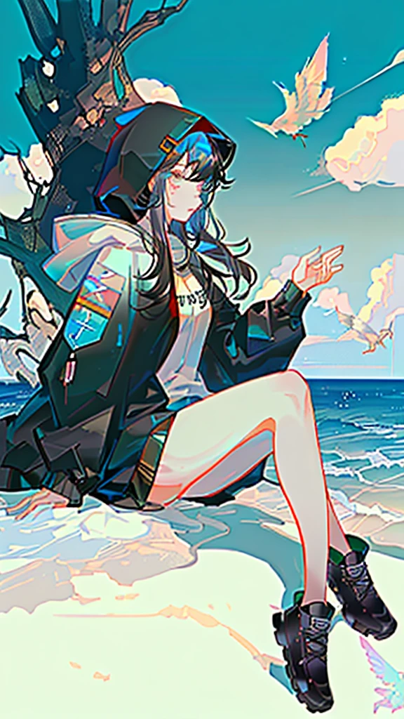 Masterpiece, intricately details,Best quality, 1girll, 独奏, bird, Hood, Sitting, Long hair, shoes, Jacket, blackfootwear, Hood down, animal on shoulder, whaite hair, Animal, blue jacket, Sneakers, sign, Cloud, bangs, Long sleeves, From the side Side, hoodie, profile, Outdoors, bird on shoulder, sky, jacket with a hood,Long black hair