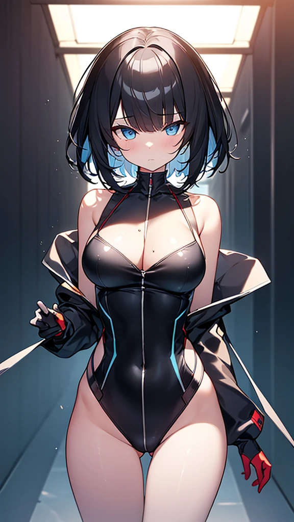 (Highly detailed CG Unity 32k wallpaper,masterpiece, Biological, whole body),(Best lighting, Best Shadow, Very delicate and beautiful),(One girl),blue eyes, Big Breasts,バウンドする胸, Black Hair,Bobcut,Red and black and White off-the-shoulder revealing high-cut SF bodysuit,One-piece swimsuit-style clothing,Clothes that emphasize the chest,Neck Seal,High-tech sci-fi corridor, Dynamic pose, Detailed Machinery, Sleek design.,My crotch is wet, {{An extraterrestrial lifeform preys on girls and takes their place、Her breasts are bigger than a real girl's、Suitable for the mother}}, Unknown sensation, Feels good, Vigorous movement, more, instinct, Female fall, Bouncing chest, loose, loose, Next to a real girl skeleton, NSFW