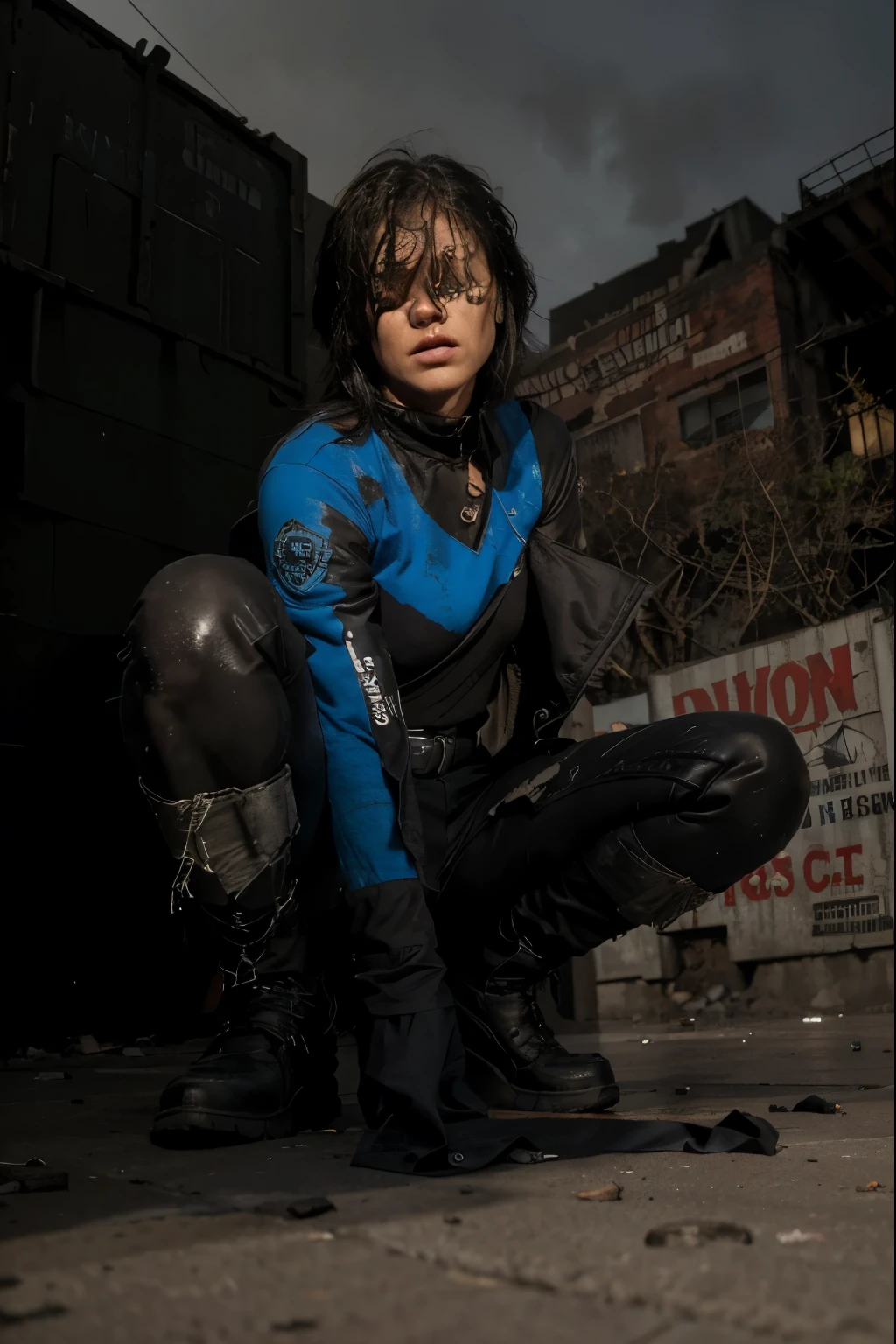 (Best quality, 8k, 32k, Masterpiece, UHD:1.2), "Transform the scene into the gritty, crime-ridden streets of Blüdhaven from DC Comics. Picture a dark, urban landscape with narrow, winding streets illuminated by flickering, dim streetlights. The buildings are tall and imposing, their facades covered in grime and graffiti, reflecting the city's rough and neglected state.

The ground is wet from recent rain, with puddles reflecting the sparse light, creating an eerie and foreboding atmosphere. Trash and debris are scattered along the sidewalks, adding to the sense of decay and abandonment. In the background, you can see the silhouettes of old warehouses and industrial buildings, emphasizing the city's gritty character.

The streets are empty, devoid of any people, heightening the sense of isolation and danger. The distant sounds of sirens and the occasional rumble of a passing train add to the ambiance, capturing the essence of a city struggling under the weight of crime and corruption. This setting should evoke a sense of unease and tension, perfectly capturing the dark and unforgiving nature of Blüdhaven."