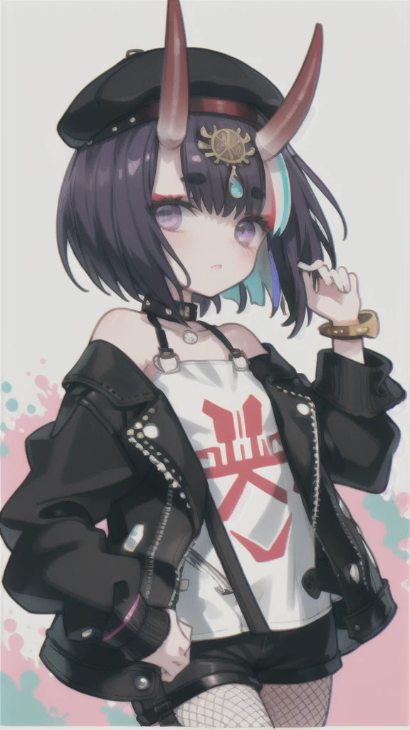 (from_below:1.3),(((flat_cap))),(The upper body is wearing a black jacket,Shoulders exposed),dress_shirt,a cold gaze,careful eyes,messy hair,(chromatic aberration:1.2),(portrait:1.2),floating hair,eyelashes,wind,bare shoulders,wide_shot,purple hair,purple eyes,shuten douji,open jacket,clothes writing,bracelet,collar,wristband,leather jacket,print shirt,fishnet pantyhose,thigh strap,eyewear on head,multicolored hair,black shorts,headpiece,spiked bracelet,