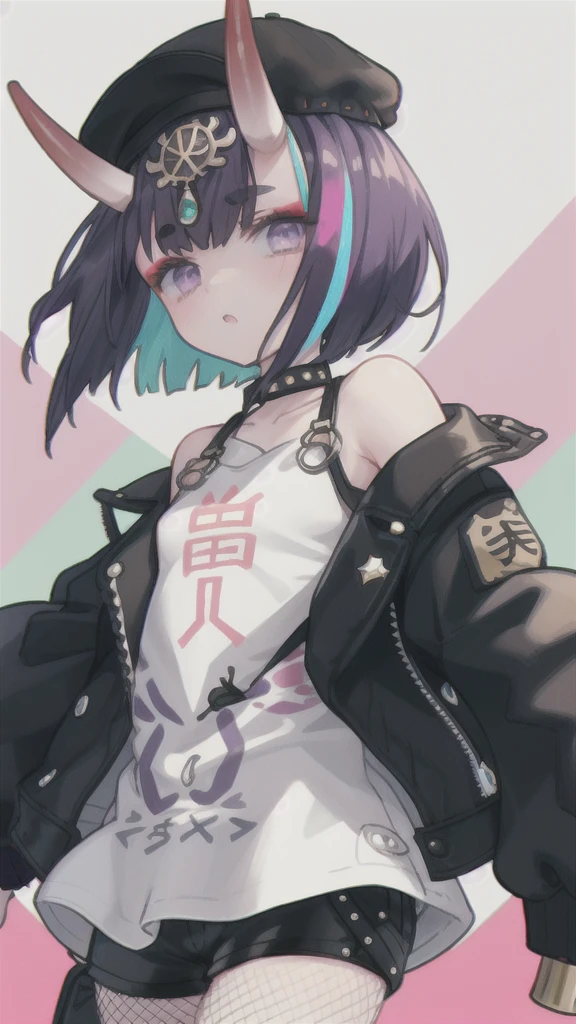 (from_below:1.3),(((flat_cap))),(The upper body is wearing a black jacket,Shoulders exposed),dress_shirt,a cold gaze,careful eyes,messy hair,(chromatic aberration:1.2),(portrait:1.2),floating hair,eyelashes,wind,bare shoulders,wide_shot,purple hair,purple eyes,shuten douji,open jacket,clothes writing,bracelet,collar,wristband,leather jacket,print shirt,fishnet pantyhose,thigh strap,eyewear on head,multicolored hair,black shorts,headpiece,spiked bracelet,