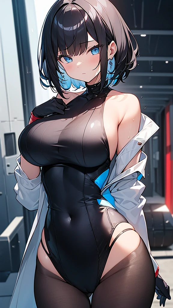 (Highly detailed CG Unity 32k wallpaper,masterpiece, Biological, whole body),(Best lighting, Best Shadow, Very delicate and beautiful),(One girl),blue eyes, Big Breasts,バウンドする胸, Black Hair,Bobcut,Red and black and White off-the-shoulder revealing high-cut SF bodysuit,One-piece swimsuit-style clothing,Clothes that emphasize the chest,Neck Seal,High-tech sci-fi corridor, Dynamic pose, Detailed Machinery, Sleek design.,My crotch is wet, {{An extraterrestrial lifeform preys on girls and takes their place、Her breasts are bigger than a real girl's、Suitable for the mother}}, Unknown sensation, Feels good, Vigorous movement, more, instinct, Female fall, Bouncing chest, loose, loose, Next to a real girl skeleton, NSFW