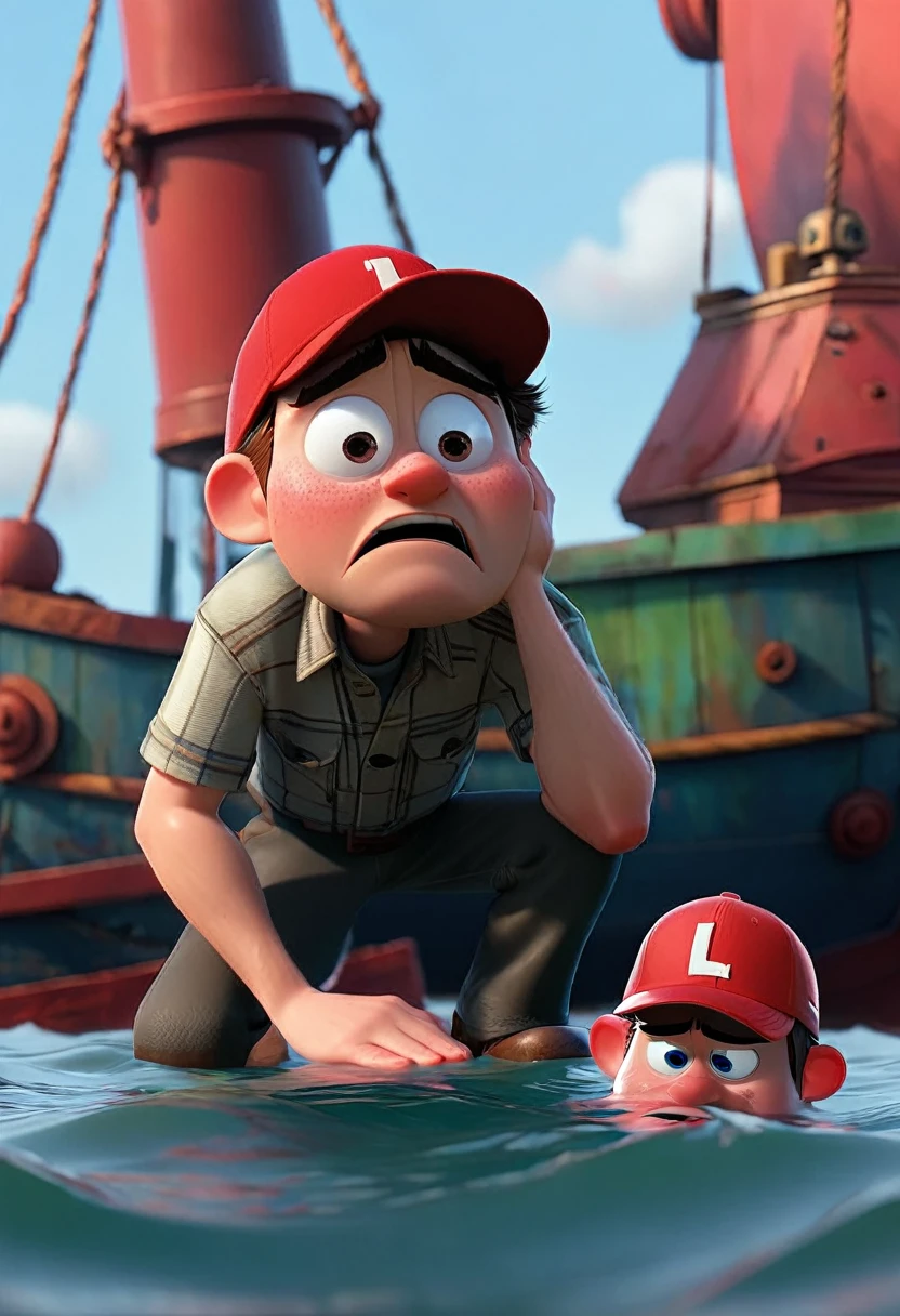Image shows a man with a red cap written PT, the man is crying and is making an L with his hands. In the background there is a sinking ship. Pixar style image.