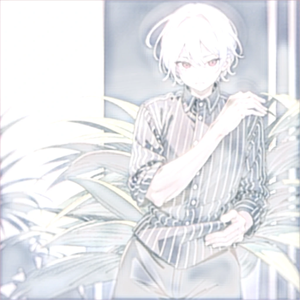 Boy,white hair,red eyes, stripe black and white shirt, Black plants,
